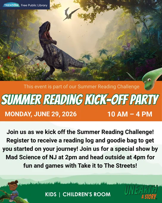 A roaring T-Rex and flying pterodactyl in a lush prehistoric jungle setting with sunlight filtering through trees.