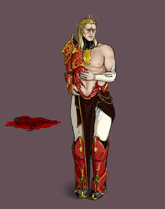 Digital illustration of Lyon Allard from Warframe standing uncomfortably in Roathe's outfit. His eyepatch is removed to fit Roathe's crown. Roathe is in the background lying in a family guy death pose, covered in blood. 