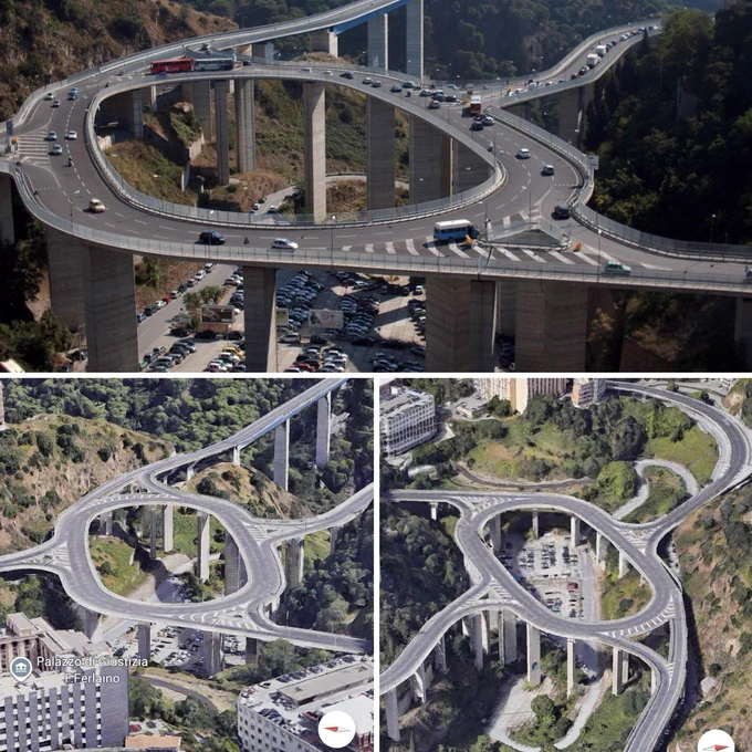 An elevated circular junction supported by tall concrete pillars spanning a valley. Located in the southern Italian city of Catanzaro (which is spread across three hills) this roundabout uses four exits to connect different parts of the city over the tricky terrain.