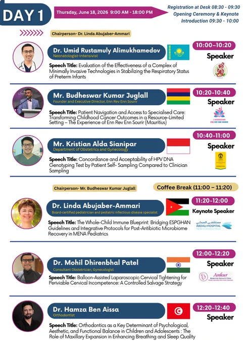 Day 1 Program Announced

We are excited to unveil the Day 1 scientific program for the 5th World Conference on Child Health, Adolescent Medicine & Child Psychology.

📍 AC Hotel by Marriott Kuala Lumpur, Malaysia
📅 June 18-19, 2026

A few Speaker Slots are still available for professionals interested in presenting their work on this global platform.

Register Now: https://child-adolescent-medicine.utilitarianconferences.com/registration

📲 WhatsApp:
https://wa.me/ 971551792927

#Day1Program #SpeakerSlots #ChildHealth #Pediatrics #MedicalConference #HealthcareProfessionals