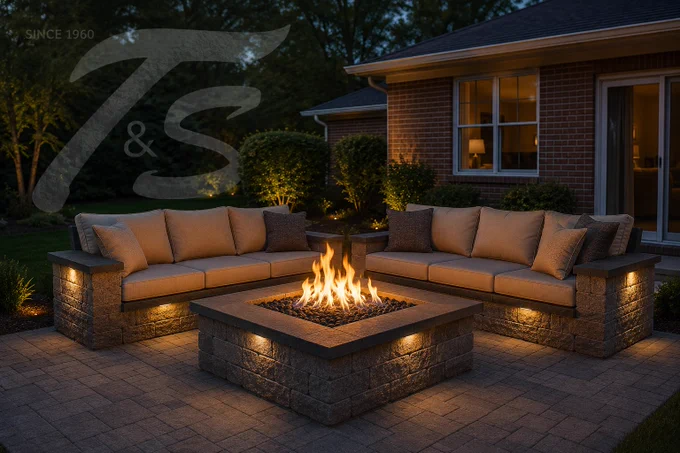 Beautiful custom outdoor living area featuring a stone fire pit, built-in patio seating, landscape lighting, and a subtle Thrush & Son® Roofing & Exterior Solutions logo watermark in the background, creating a warm and inviting backyard retreat.