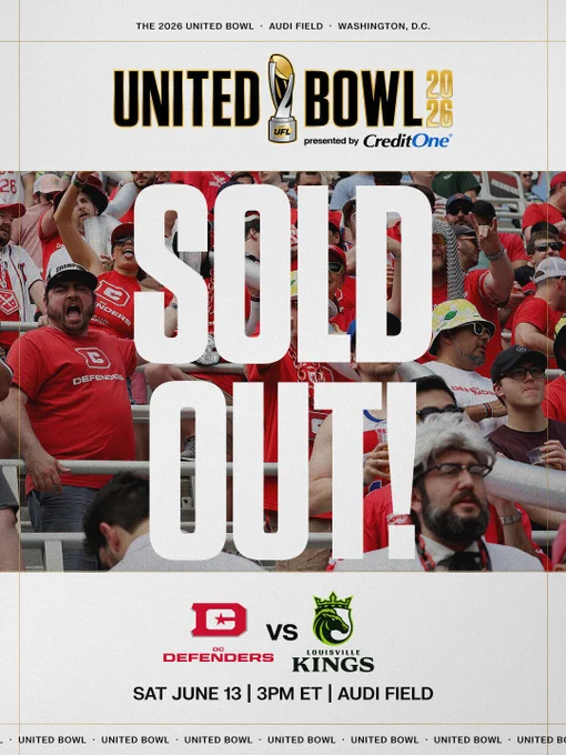 Excited fans fill the stands for the 2026 United Bowl at Audi Field, Washington, D.C. The game between the DC Defenders and Louisville Kings is sold out.
