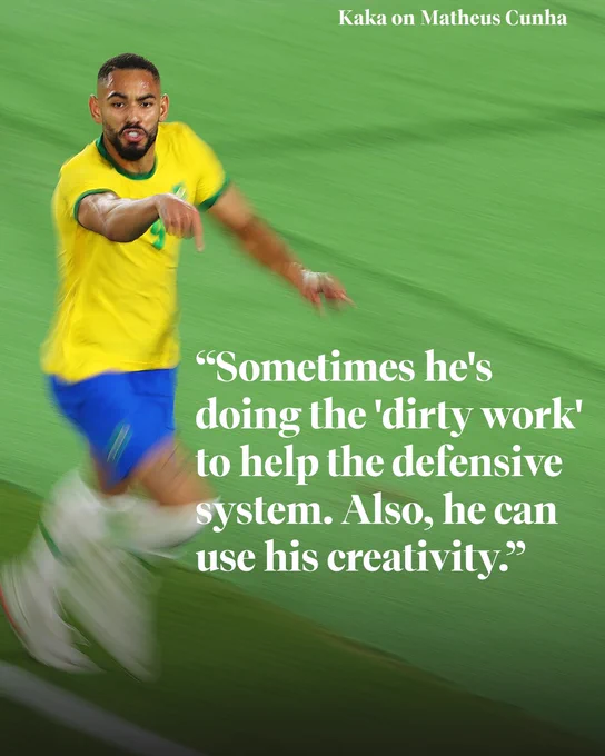 Kaka on Cunha: "Sometimes he's doing the 'dirty work' to help the defensive system. Also, he can use his creativity."