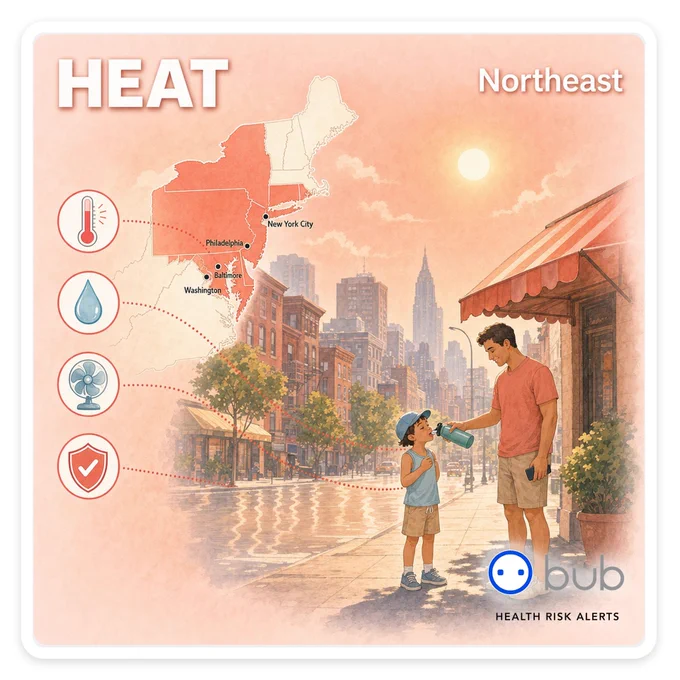 Illustration of a hot Northeast city afternoon; a US map shades the New York to Washington corridor for extreme heat. Labels read HEAT and Northeast.