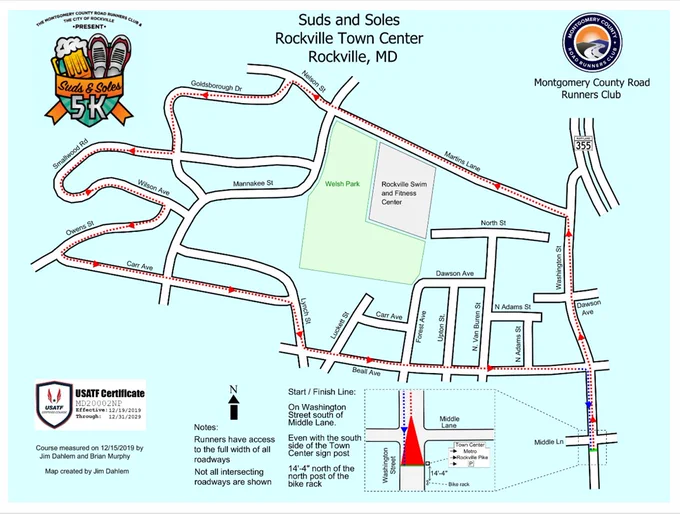 Map of the Suds and Soles 5K route in Rockville Town Center, showing streets, start/finish line, and nearby landmarks like Welsh Park and the Swim Center.