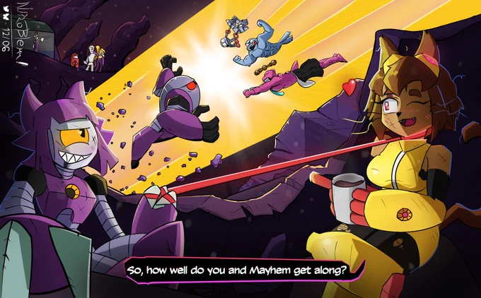The setting takes place in Polus from Among Us. Kit and Malice are sitting together talking. Kit is holding a coffe mug while being leashed by Malice (she seems happy). Meanhwile in the background, Mayhem is fighting against Kaboodle, Flappers and Goobles (Making the iconic Thragg vs Battle Beast Invincible panel)