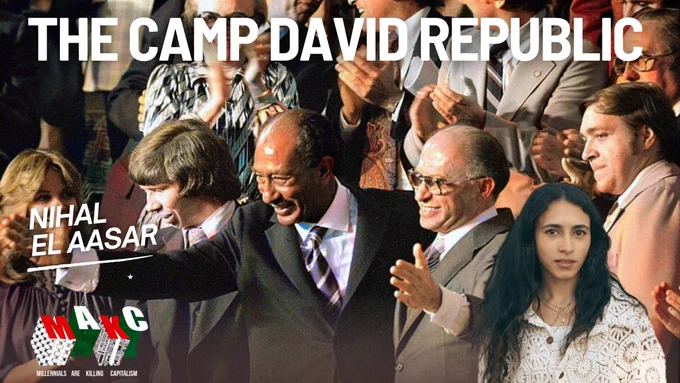Title reads "The Camp David Republic"

Image of Nihal El Aasar; MAKC logo;

Episode artwork includes an artificially colorized version of this photo:
"Egyptian President Anwar Sadat and Israeli Prime Minister Menachem Begin acknowledge applause during a Joint Session of Congress in which President Jimmy Carter announced the results of the Camp David Accords."
full credit information here: https://commons.wikimedia.org/wiki/File:Sadat_and_Begin_clean3.jpg