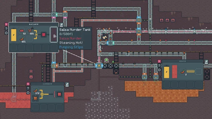 The player stands over a machine in a lava-based area, checking the Salsa Murder Tank (0/500fl. Salsa Murder. Steaming Hot! Pumping 5flps)