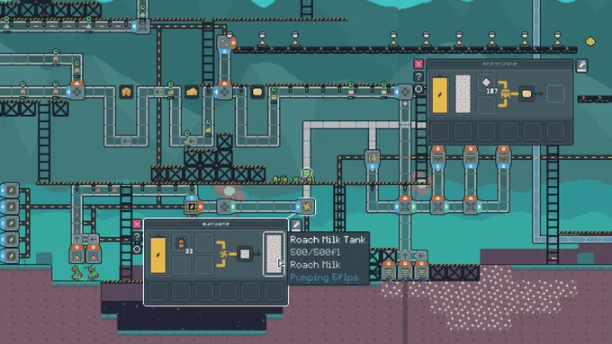 The player, a person in a green hood surrounded by a swarm of little green cats, stands on a platform over a machine, adding a Roach Milk Tank. (500/500fl, 33 roaches, Roach Milk, Pumping 5flps)