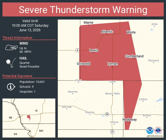 This graphic displays a severe thunderstorm warning plotted on a map. The warning is in effect until 10:00 AM CDT. The warning includes Atlantic IA, Griswold IA and Lewis IA.  This warning is for Western Cass County in southwestern Iowa and Western Adams County in southwestern Iowa. The threats associated with this warning are wind gusts up to 60 MPH and quarter sized hail. There are 10,601 people in the warning along with 9 schools and 1 hospital.