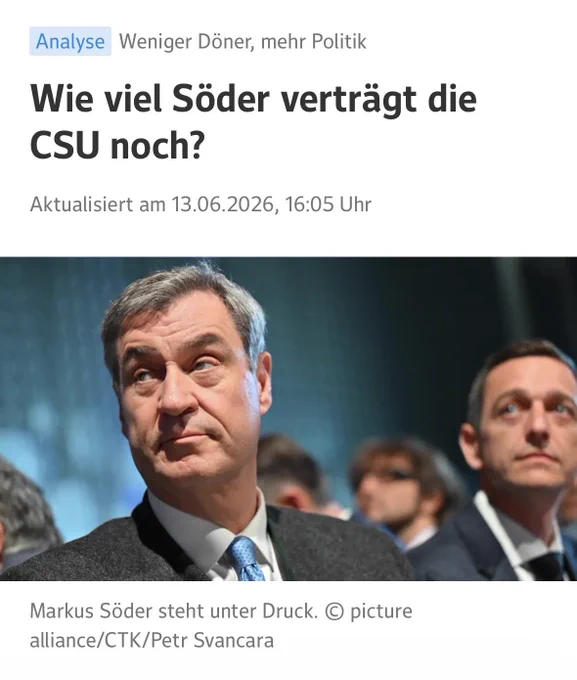 Wie viel Söder verträgt die
CSU noch?
Aktualisiert am 13.06.2026, 16:05 Uhr
Markus Söder steht unter Druck. © picture