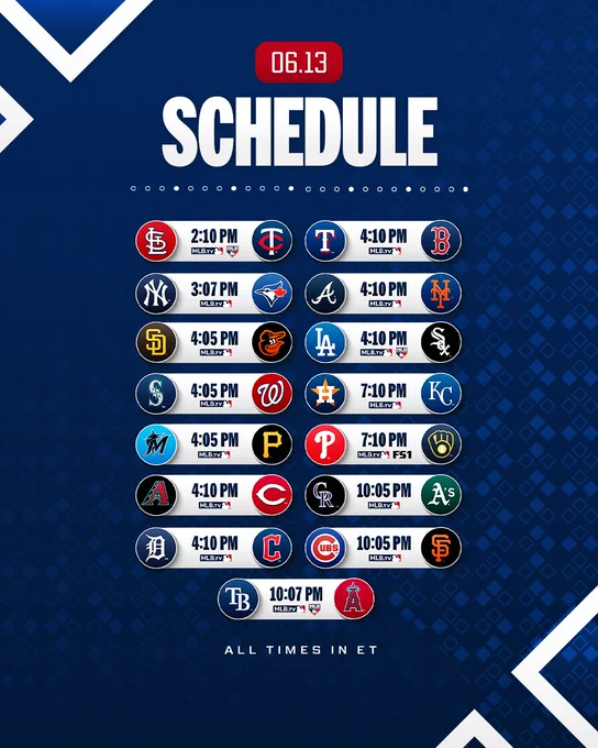 June 13th Schedule
All Times in ET

Cardinals vs. Twins, 2:10 PM - MLB.TV and MLB Network
Yankees vs. Blue Jays, 3:07 PM - MLB.TV
Padres vs. Orioles, 4:05 PM - MLB.TV
Mariners vs. Nationals, 4:05 PM - MLB.TV
Marlins vs. Pirates, 4:05 PM - MLB.TV
D-backs vs. Reds, 4:10 PM - MLB.TV
Tigers vs. Guardians, 4:10 PM - MLB.TV
Rangers vs. Red Sox, 4:10 PM - MLB.TV
Braves vs. Mets, 4:10 PM - MLB.TV
Dodgers vs. White Sox, 4:10 PM - MLB.TV and MLB Network
Astros vs. Royals, 7:10 PM - MLB.TV
Phillies vs. Brewers, 7:10 PM - MLB.TV and FS1
Rockies vs. Athletics, 10:05 PM - MLB.TV
Cubs vs. Giants, 10:05 PM - MLB.TV
Rays vs. Angels, 10:07 PM - MLB.TV and MLB Network