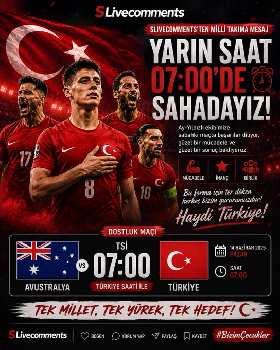 📰 SLivecomments'ten Milli Takıma Mesaj

Yarın sahada sadece 11 futbolcu değil, milyonların desteği olacak.

Ay-Yıldızlı ekibimize başarılar diliyor, güzel bir mücadele ve güzel bir sonuç bekliyoruz.

🇹🇷 Yolunuz açık olsun Bizim Çocuklar!

#BizimÇocuklar #MilliTakım #Türkiye