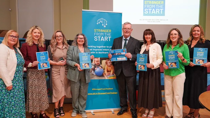 Health Minister Mike Nesbitt pictured with members of the Stronger from the Start steering group.

Pictured left to right: Angela Phillips, Caroline Cunningham, Grainne McHugh, Tracey Ripley McEvogue, Health Minister Mike Nesbitt, Bevín O’Hare, Jenna Briggs, Joanne Morgan