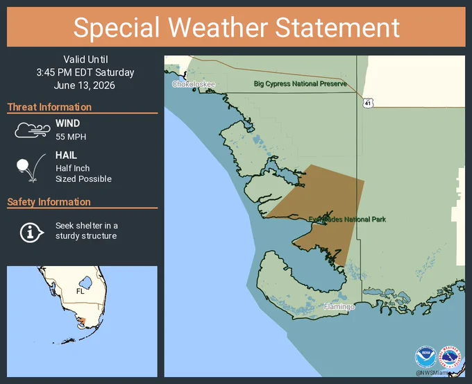 This graphic displays a special weather statement plotted on a map. The statement is in effect until 3:45 PM EDT.  The statement includes Monroe County, FL.  The threats associated with this storm are wind gusts up to 55 MPH and half inch sized hail. Seek shelter in a sturdy structure until the storm passes.