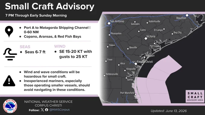 A Small Craft Advisory will go in effect at 7 PM tonight for elevated seas and higher winds in the offshore waters. Seas will be around 6 to 7 feet and winds will be around 15 to 20 knots with gusts to 25 knots.  