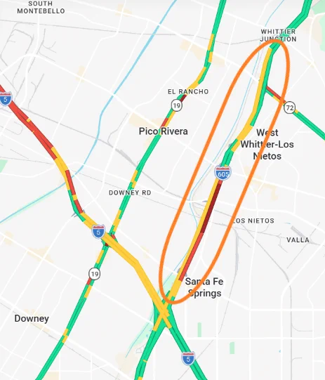 QuickMap.dot.ca.gov shows delays on I-605. 