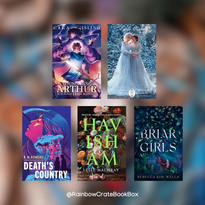 A graphic with the blurred image from slide 1, no details can be made out just pops of blue among a brown-gray background. At the bottom of the slide is text that reads “@rainbowcratebookbox” in white font. The slide has five book covers displayed in two rows. The top row has two covers, while the bottom row has three covers.