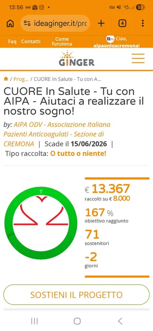 Sprint finale per il progetto "Cuore in Salute" a Cremona! 🎯❤️

Mancano pochissimi giorni alla chiusura della campagna di crowdfunding "Cuore in Salute: tu con AIPA", promossa da AIPA ODV Cremona sulla piattaforma IdeaGinger. Dopo il bellissimo evento finale al Golf Club Il Torrazzo, l'obiettivo iniziale è stato ampiamente superato (siamo al 167%!), ma ora siamo a un passo dal raggiungere il secondo importante traguardo dei 15.000€.

Scegliere di dare un ultimo contributo last minute significa garantire ancora più forza, attività e strumenti alla prevenzione cardiovascolare sul nostro territorio.

Insieme a Giusy Biondelli, invitiamo cittadini, professionisti e imprese locali a fare questo ultimo scatto finale insieme a noi entro lunedì 15 giugno! Un piccolo gesto che genera un grande valore per tutta la comunità.

👇 Sostieni il progetto e versa il tuo contributo direttamente qui:
https://www.ideaginger.it/progetti/cuore-in-salute-tu-con-aipa-aiutaci-a-realizzare-il-nostro-sogno.html
