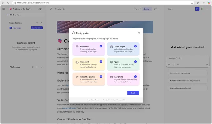 Copilot Chat interface showing Study Guide feature with options to generate summaries, topic pages, flashcards, quizzes, fill-in-the-blank, and matching exercises