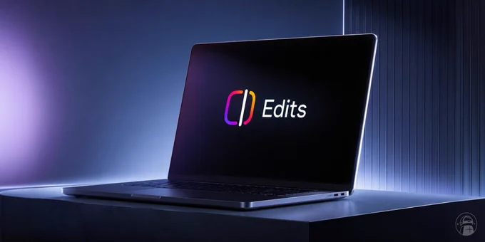 A laptop displays the "Edits" logo, set against a sleek, illuminated backdrop, emphasizing a modern editing tool's interface.