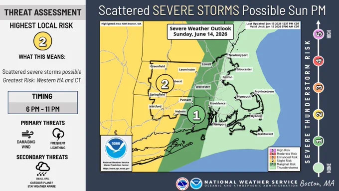 Severe Weather Outlook map image for Sunday, highlighting a Slight (Level 2 of 5) severe weather risk centered in western New England.