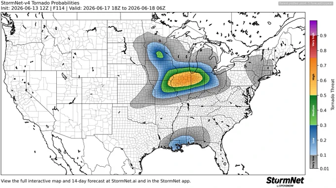 StormNet-v4 tornado probability map with a 69% maximum 12-hour risk from 2026-06-17 18Z to 2026-06-18 06Z. Model initialized 2026-06-13 12Z at forecast hour 114.