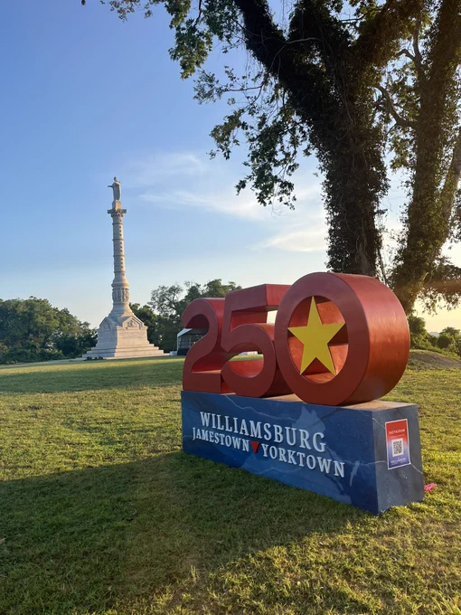 Commemorative 250th sign in front of Yorktown Victory Monument