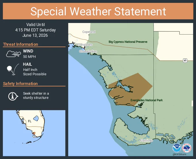 This graphic displays a special weather statement plotted on a map. The statement is in effect until 4:15 PM EDT.  The statement includes Monroe County, FL.  A strong thunderstorm will impact portions of central Mainland Monroe County through 415 PM EDT. The threats associated with this storm are wind gusts up to 50 MPH and half inch sized hail. Seek shelter in a sturdy structure until the storm passes.
