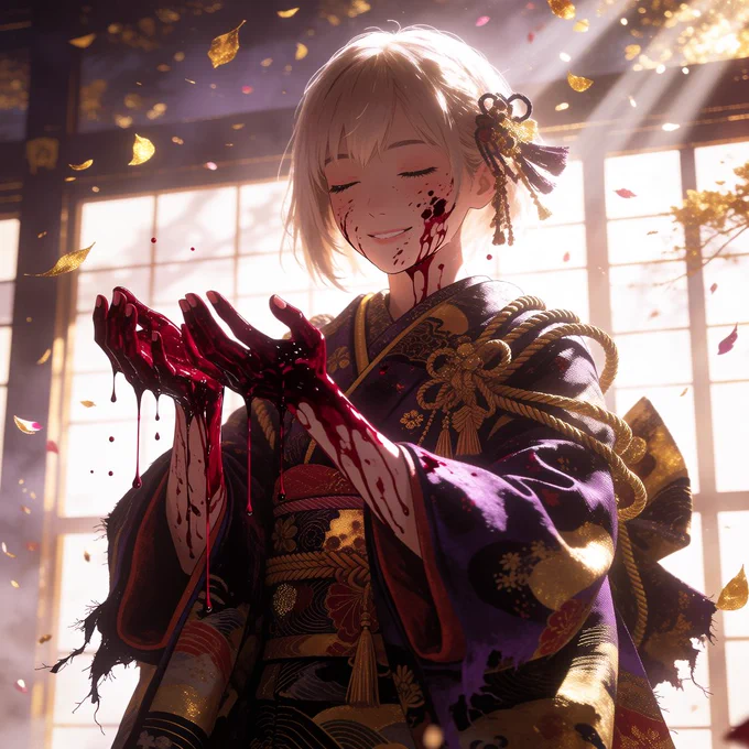 Krea 2 Medium

Young woman with short pale blonde hair and closed eyes smiling serenely, wearing an elaborate dark purple and gold kimono with intricate wave patterns, her hands extended forward palms up and covered in dripping crimson dark stains; crimson dark ink splatters and gold leaf fragments floating around her, backlit by bright sunbeams through shoji screens, traditional Japanese painting meets modern digital art, ethereal and unsettling duality, bust portrait with dramatic chiaroscuro lighting.