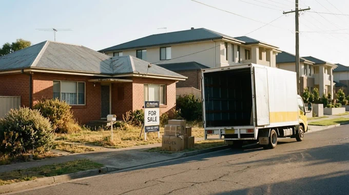 A suburban house with a 'For Sale' sign and a moving truck parked outside, suggesting an imminent move. The mood is transitional and anticipatory.