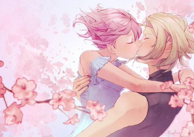Tachibana Kisa from Jack Jeanne kissing Sarafumi Takashina, wrapping her arms around his neck. He is supporting her back with his right hand. They are surrounded by cherry blossoms. It is a peaceful and romantic moment.