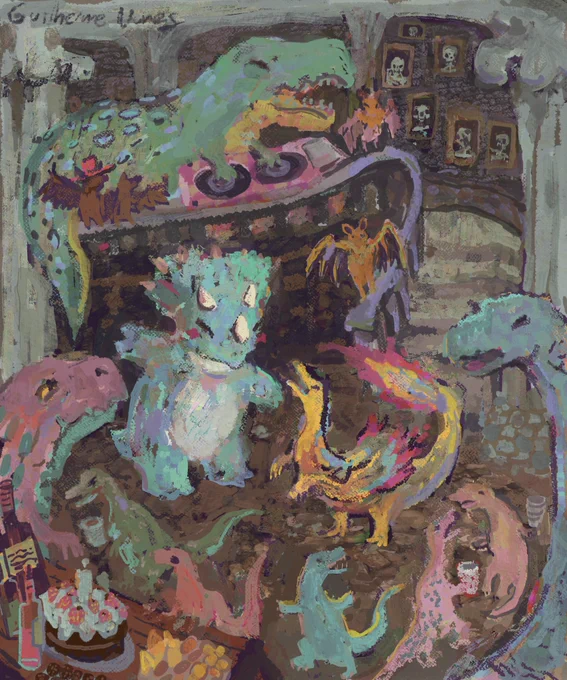 A painting of a birthday party with drinks, cake, and snacks where dinosaurs and bats are dancing wildly, and there's a Tyrannosaurus Rex DJ, and in the background there are paintings of skulls.