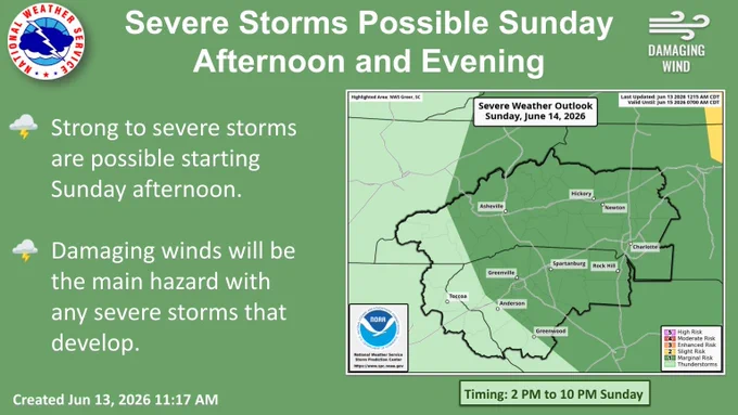 Graphic showing the severe risk on Sunday across the western Carolinas and northeast Georgia. A marginal risk is in place across much of the area. Damaging winds will be the main hazard with any severe storms that develop. Timing is 2 PM to 10 PM Sunday. 