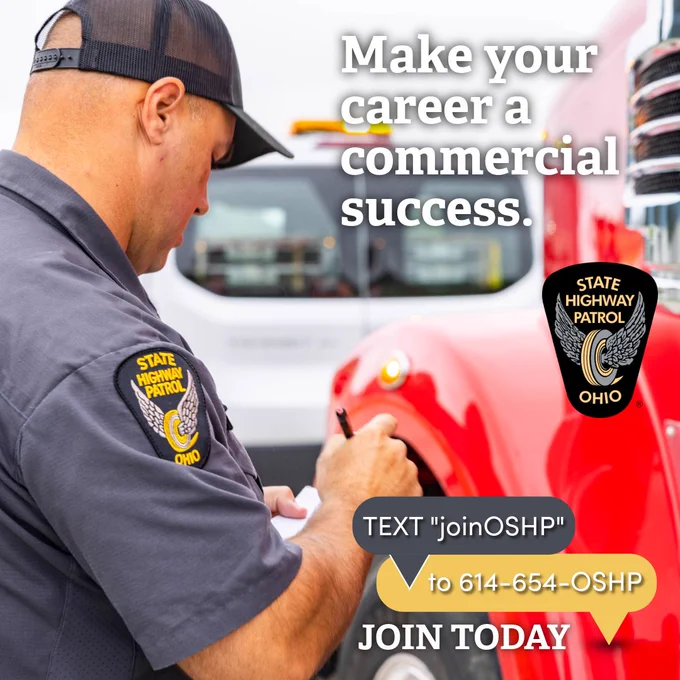 An LCS trooper writes on a notepad next to a red commercial truck. The text on the image reads, "Make your career a commercial success," with, "Text joinOSHP to 614-654-OSHP."