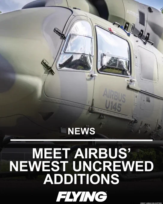 A close-up of an Airbus U145 helicopter with text overlay showcasing its newest uncrewed additions. The image conveys innovation and technological advancement.