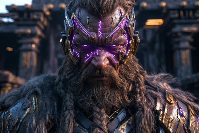 The Berserker 01 — brutal Viking bounty hunter with glowing purple runic implants and thick braids, intense direct gaze, dark cinematic ancient-futuristic style. Five69 Visuals