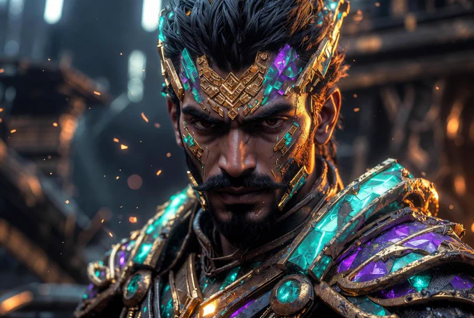 The Raj 02 — powerful Indian-inspired bounty hunter with ornate gold and crystalline tech fused into skin, commanding intense stare, premium dark cinematic style. Five69 Visuals