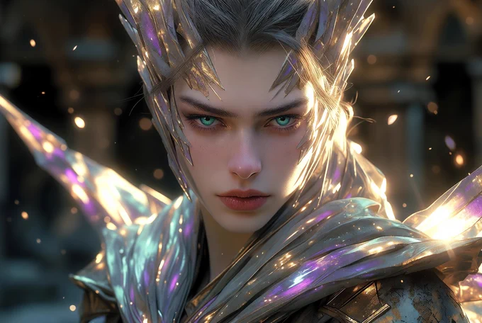 The Valkyrie 04 — powerful feminine superhero bounty hunter with glowing teal eyes and crystalline high-tech armor, intense personal gaze, dark cinematic style. Five69 Visuals