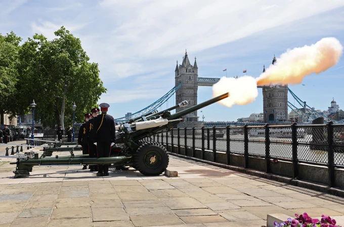 The Honourable Artillery Company on the Gun Park, located on Tower Wharf facing the River Thames at the Tower of London fire a 62 Gun Salute.