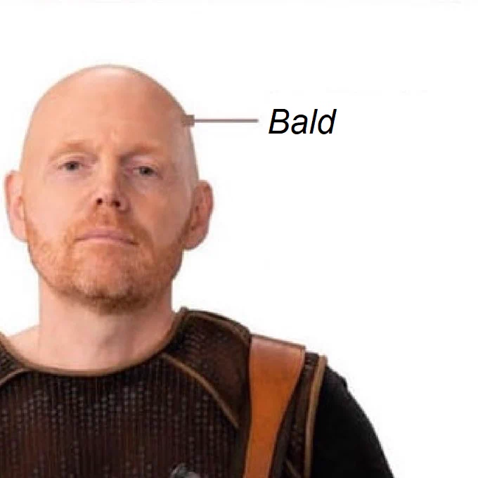 Mayfield (Bill Burr) from The Mandalorian. A line goes from his head to the word "bald"