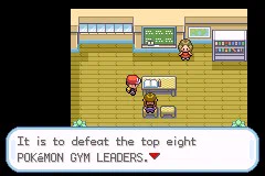 screenshot from Pokémon Fire Red, a schoolgirl's notebook informs the player that the goal of a Trainer is to defeat the top eight Pokémon Gym Leaders