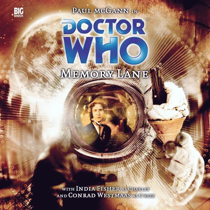 Cover of Big Finish's Doctor Who: Memory Lane, starring Paul McGann as the Doctor, India Fisher as Charlie Pollard and Conrad Westmaas as C'Rizz 