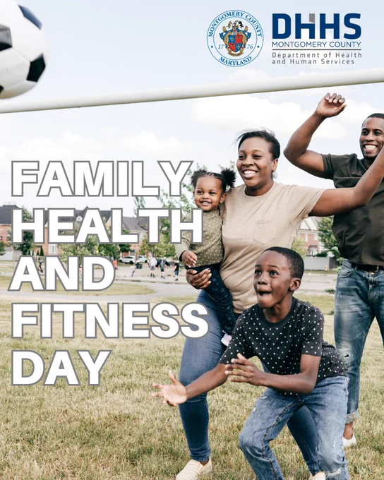 A picture of a family, a mother father, and two children, playing soccer. Text reads: Family Health and Fitness Day.