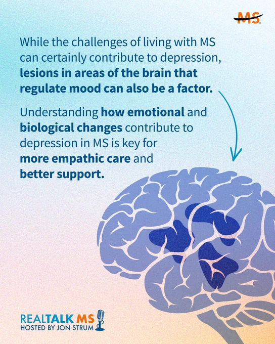 The image is an informational graphic with a stylized illustration of a brain showing highlighted areas. The text discusses the relationship between MS, brain lesions, emotional changes, and depression. It emphasizes the importance of understanding these factors for better support. The graphic includes the RealTalk MS logo and mentions the host, Jon Strum.