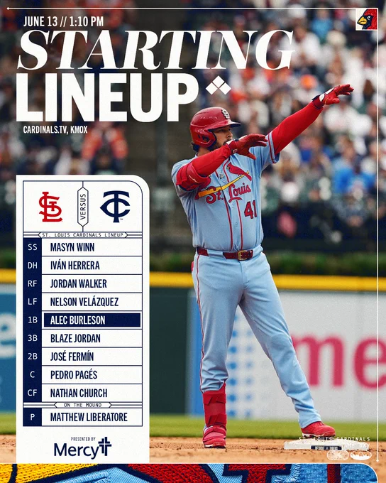 Starting Lineup vs Minnesota Twins
SS Masyn Winn
DH Iván Herrera
RF Jordan Walker
LF Nelson Velázquez
1B Alec Burleson
3B Blaze Jordan
2B José Fermín
C Pedro Pagés
CF Nathan Church
SP Matthew Liberatore