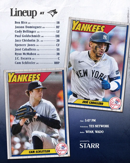 Yankees vs Toronto Blue Jays Lineup:

Ben Rice | 1B | 22
Jasson Domínguez | RF | 24
Cody Bellinger | LF | 35
Paul Goldschmidt | DH | 48
Jazz Chisholm Jr. | 2B | 13
Spencer Jones | CF | 78
José Caballero | SS | 72
Ryan McMahon | 3B | 19
J.C. Escarra | C | 25
Cam Schlittler | RHP | 31

Time: 3:07 PM ET
TV: YES Network
Radio: WFAN 660 AM/101.9 FM, WADO 1280

Presented by Starr Insurance Companies

Photo of José Caballero & Cam Schlittler