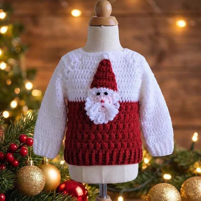 A red and white crocheted Santa jumper is displayed on a small cream dressmaker's dummy. The background features a blurred Christmas tree with warm glowing lights, gold and red ornaments, and evergreen branches, creating a cosy festive atmosphere.
