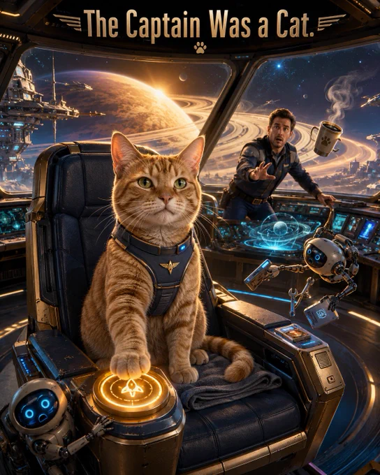 A realistic orange tabby sits confidently in the oversized captain’s chair of a futuristic starship, wearing a small graphite command harness with a gold insignia. One paw presses a glowing amber launch button while the cat looks forward with a calm, slightly smug expression. Behind the chair, a startled human navigator reaches toward a floating steaming coffee mug. Two small service robots scramble nearby, one clinging to the control console and the other attempting to collect floating tools. Through the panoramic windows, the ship departs an orbital station above a spectacular ringed planet at sunrise. Large gold text across the top reads, “The Captain Was a Cat.”