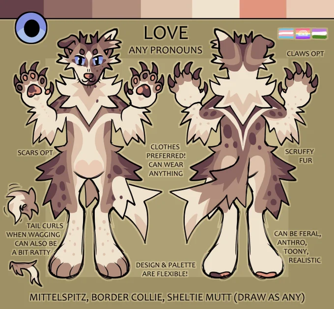 Digital art reference sheet of a cartoony grey-brown and white anthro dog fursona